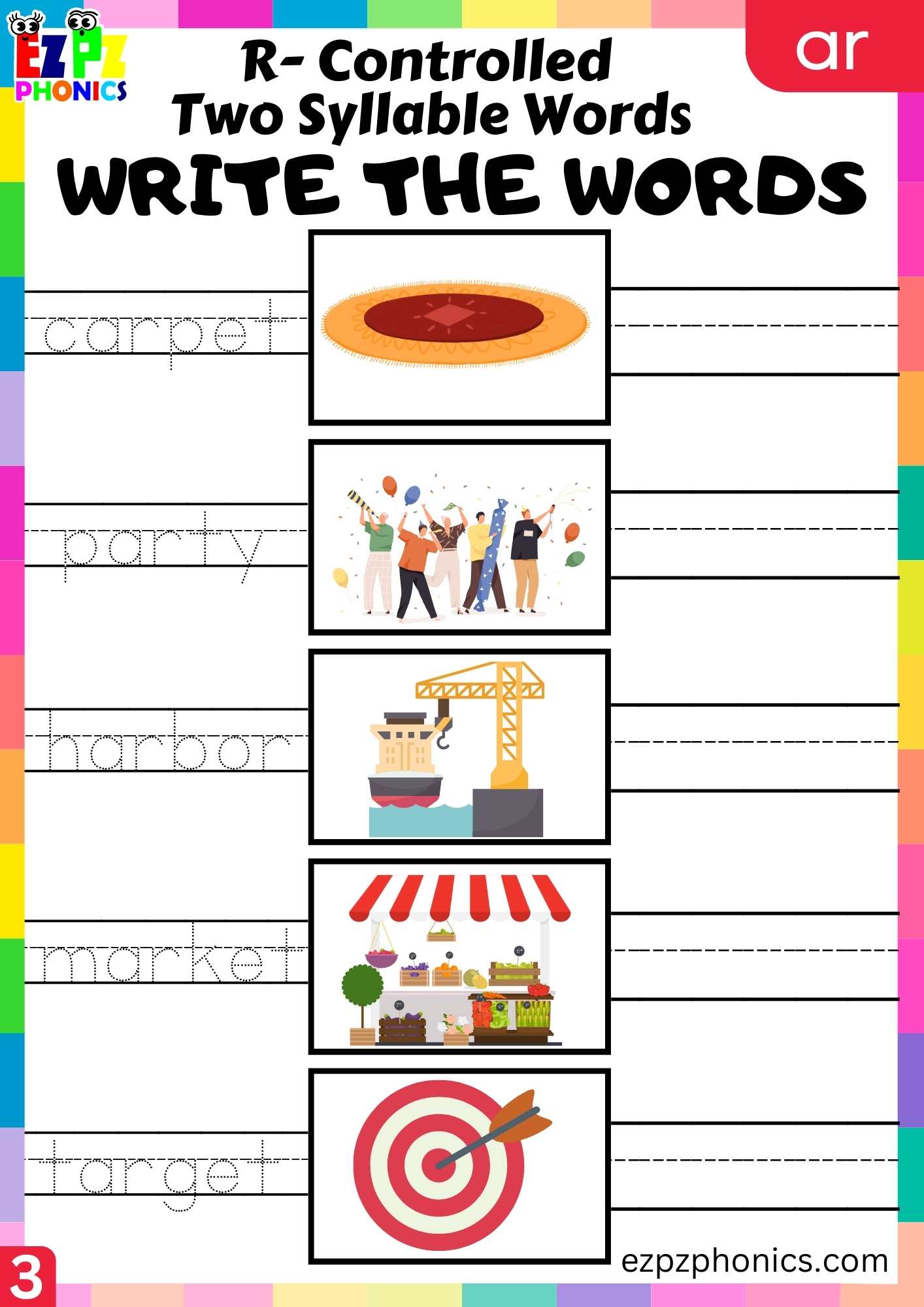 Write the words activity for ar two syllable words R controlled vowels